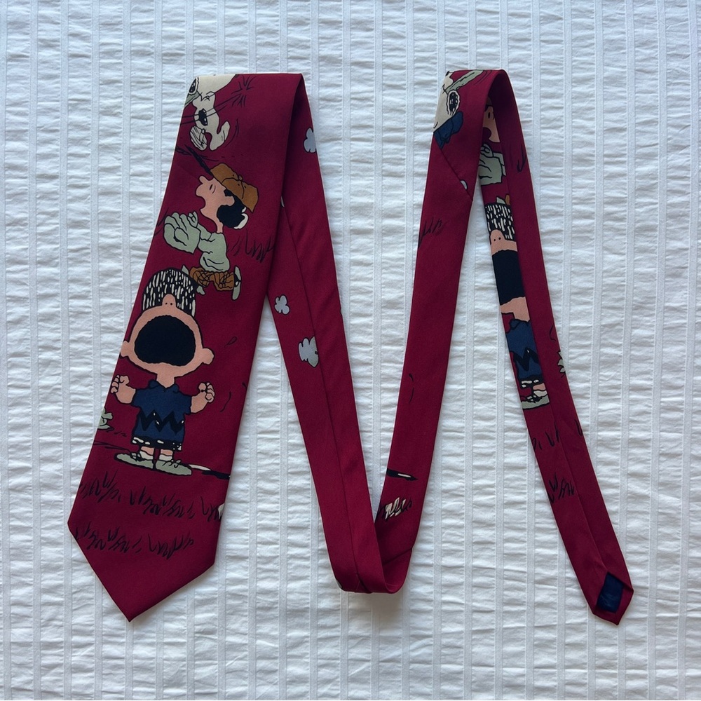 VTG Deep Red Snoopy Baseball Tie with Charlie Brown, Lucy, and Woodstock